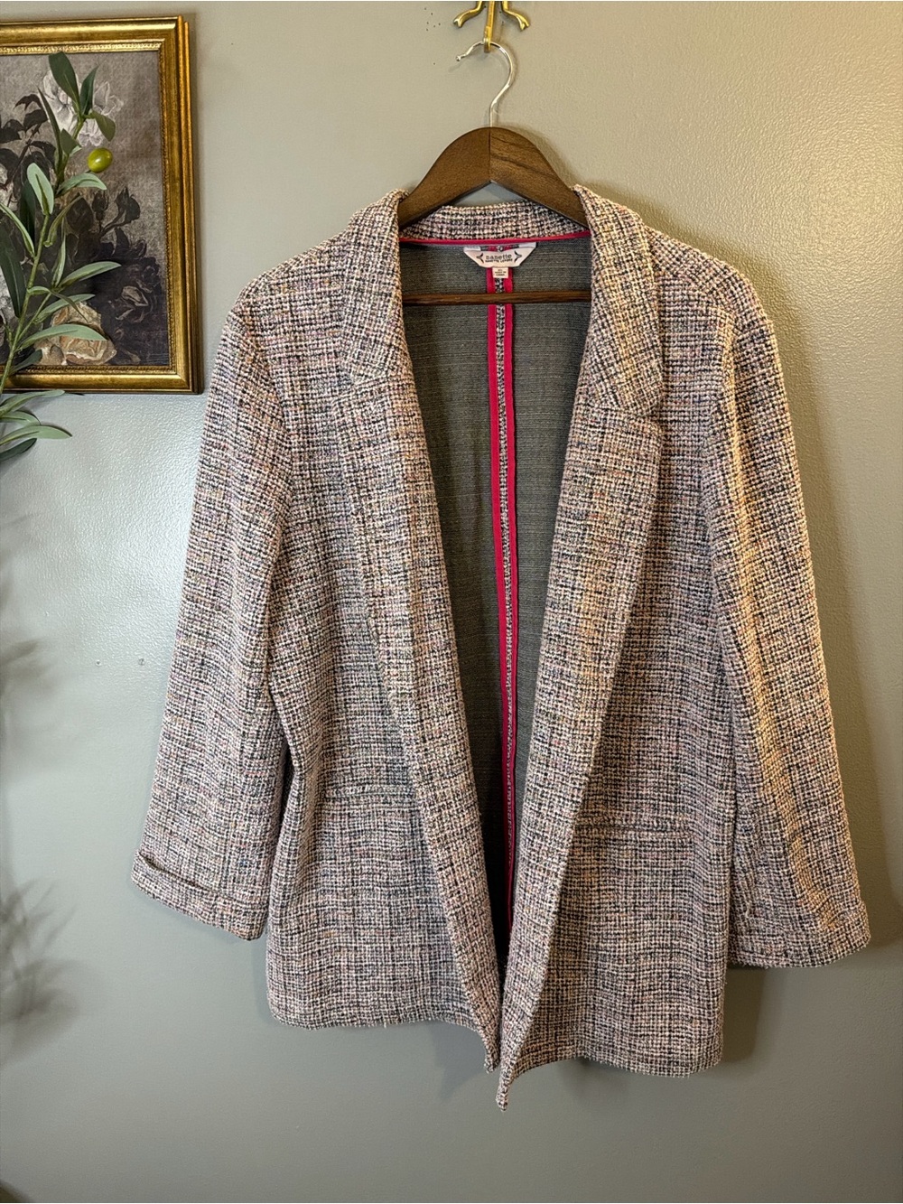 Nanette Lepore XL Boucle Tweed Blazer Jacket Pink Black Open Front Career Chic - Picture 2 of 8